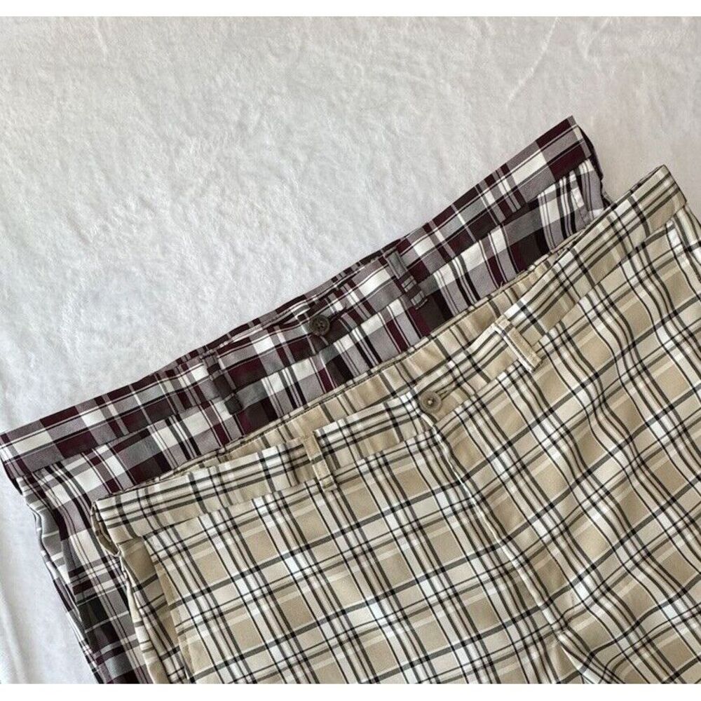 (2) Cool Pro 18 Men's 42 BLACK -TAN Plaid Golf Shorts Adjustable Waist EXCELLENT
